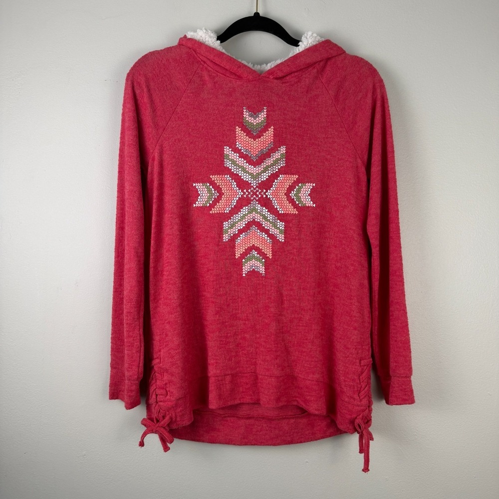 Mudd Kohls Hoodie Girls 16 Pink Fleece Lined Geometric Side Tie Pullover Cozy